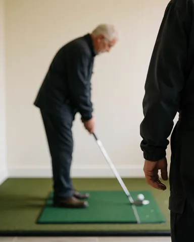 Un instructeur de golf observe un client âgé qui pratique son swing sur un tapis vert à l'intérieur, dans un espace aux murs clairs et propres.