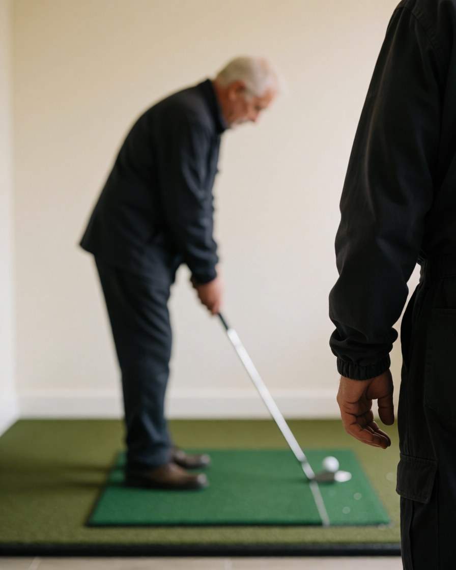 Un instructeur de golf observe un client âgé qui pratique son swing sur un tapis vert à l'intérieur, dans un espace aux murs clairs et propres.