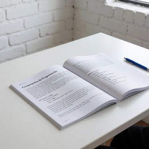 Livre de programmation ouvert posé sur une table blanche avec du code visible, fond de mur en briques blanches, idéal pour un cours de programmation.