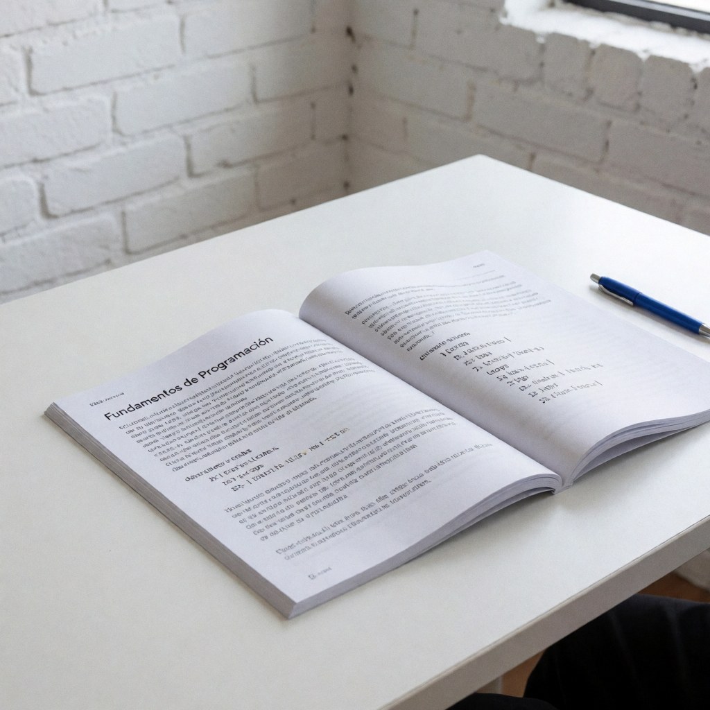 Livre de programmation ouvert posé sur une table blanche avec du code visible, fond de mur en briques blanches, idéal pour un cours de programmation.