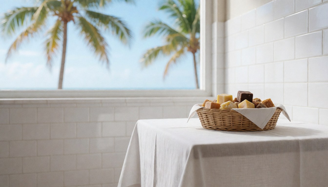 Un panier rempli de bonbons posé sur une table avec une nappe blanche, devant des murs carrelés blancs et une vue sur la mer avec des palmiers.