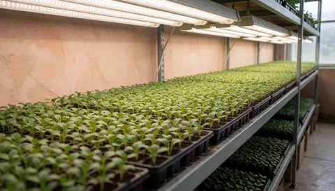Graines vertes en germination sur des étagères sous des lumières de culture dans un environnement de serre pour un jardinage professionnel
