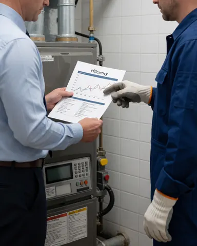 Un technicien et un client consultent ensemble un rapport d'efficacité énergétique sur une chaudière dans une pièce aux murs carrelés de blanc.