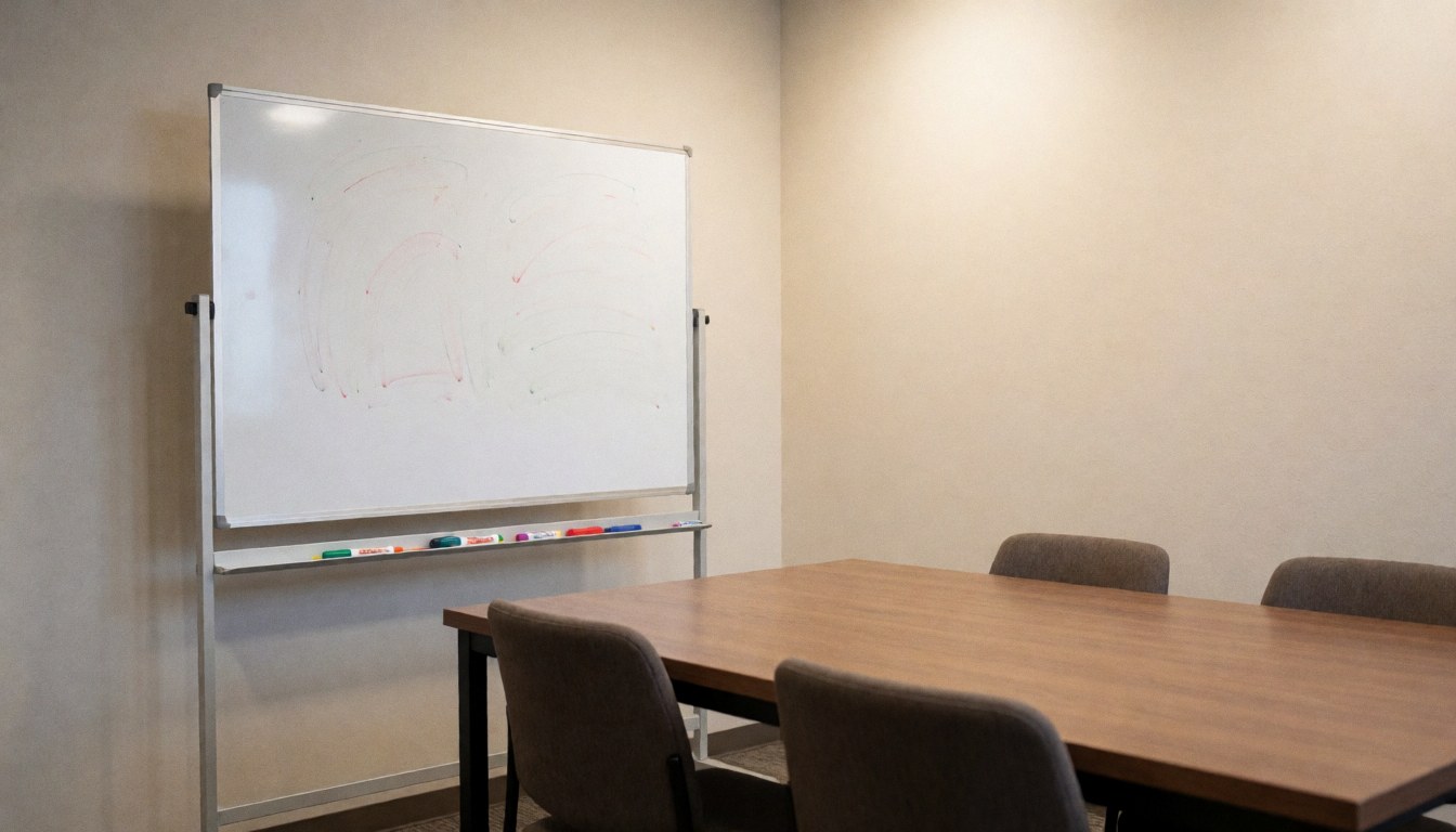 Salle de réunion professionnelle équipée d'un tableau blanc, d'une table en bois et de chaises, offrant un espace de travail clair et organisé.