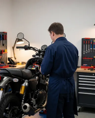 Technicien en atelier réparant le système électrique d'une motocyclette avec batterie exposée et outils organisés en supports.