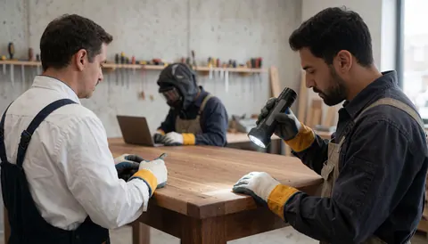 Deux artisans inspectent une table en bois à l'aide d'une lampe de poche dans un atelier équipé d'étagères à outils et de murs en béton.