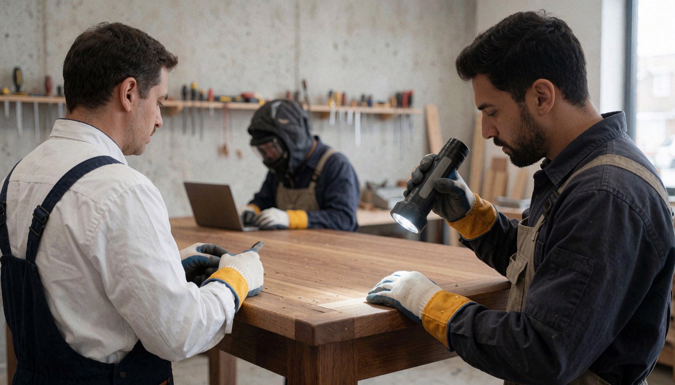 Deux artisans inspectent une table en bois à l'aide d'une lampe de poche dans un atelier équipé d'étagères à outils et de murs en béton.
