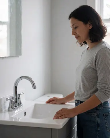 Une cliente souriante observe un robinet chromé installé dans une salle de bain moderne aux murs gris clair, symbolisant la réussite d'une réparation.