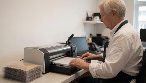 Un homme mature utilise une plastifieuse dans un bureau lumineux, avec des pochettes de plastification empilées à côté.