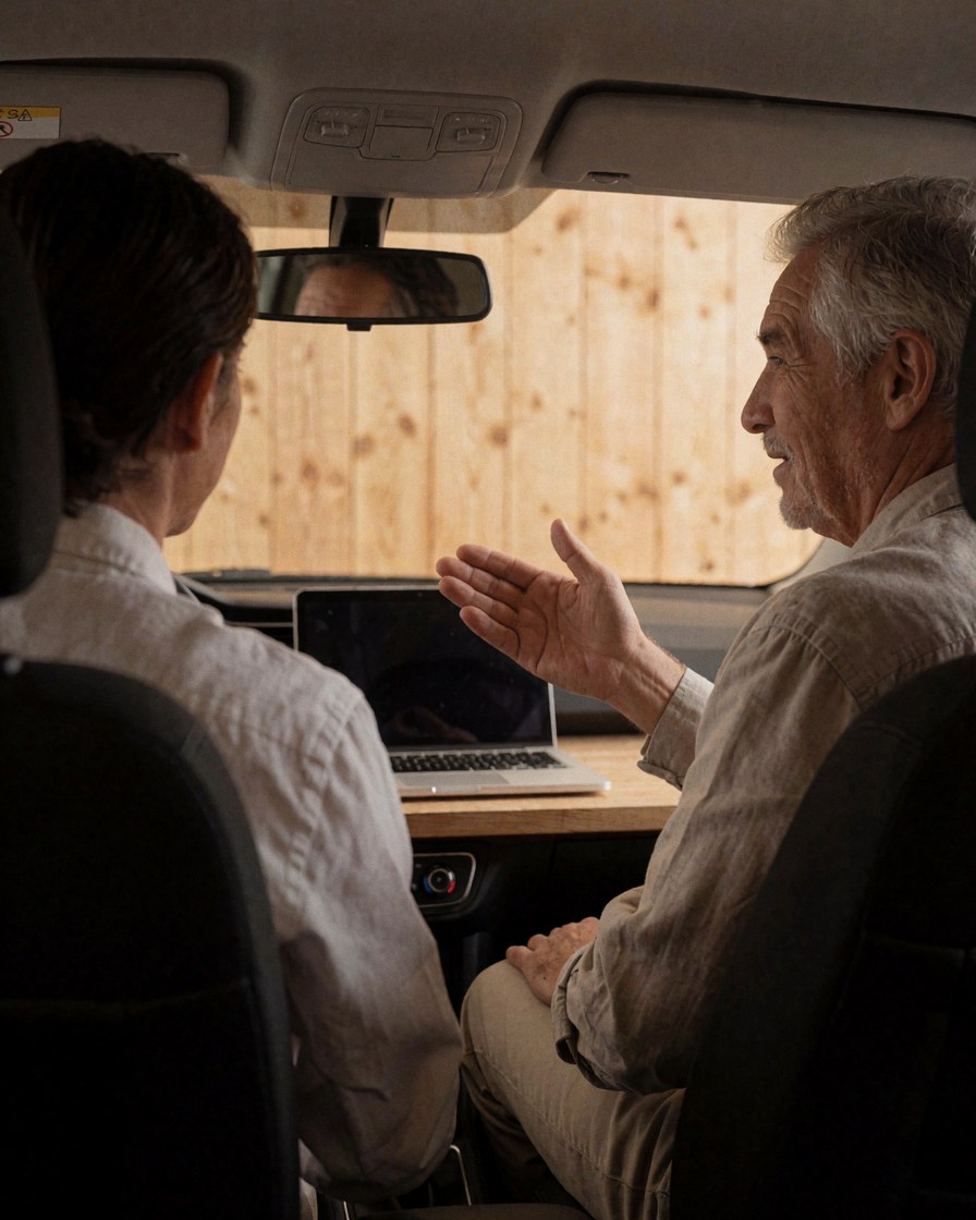 Conducteur de service effectuant un geste dans un véhicule avec paroi en bois clair, passager à l'arrière, scène de transport local.