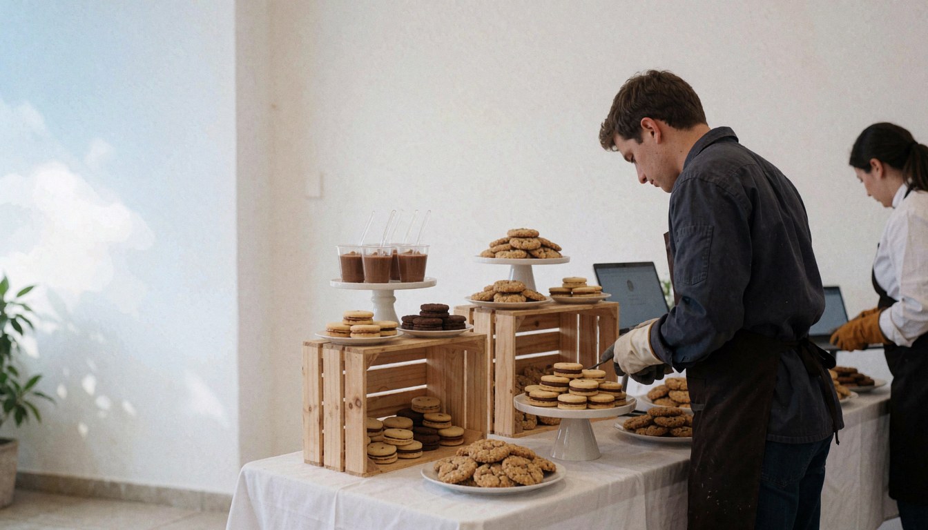 Un coordinateur de fêtes sert des alfajores et de la mazamorra sur une table avec des caisses en bois et des murs blancs
