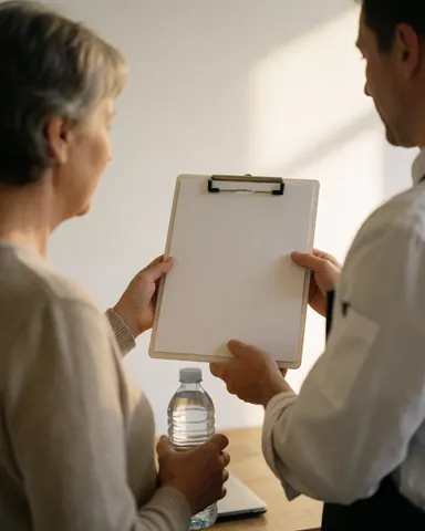 Un entraîneur de fitness montre un classeur blanc à une cliente âgée lors d'une consultation professionnelle éclairée par la lumière naturelle.