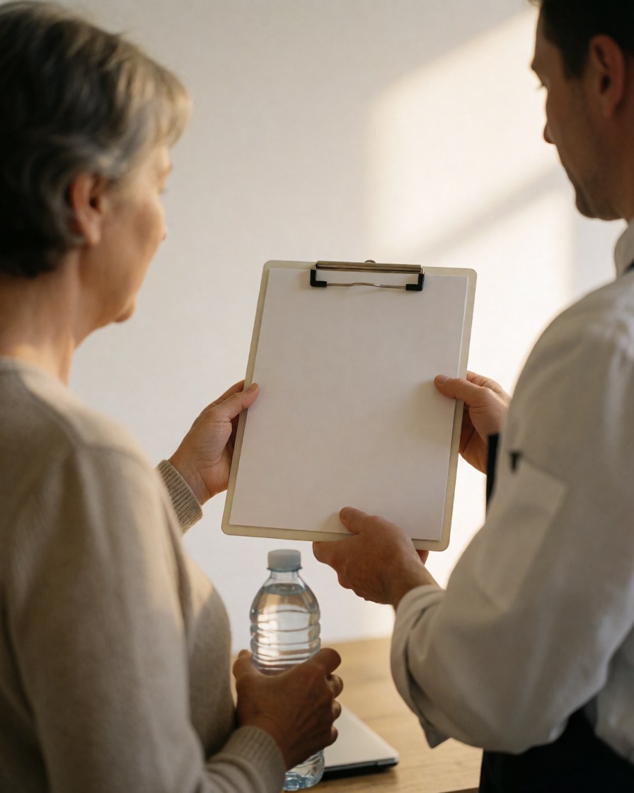 Un entraîneur de fitness montre un classeur blanc à une cliente âgée lors d'une consultation professionnelle éclairée par la lumière naturelle.