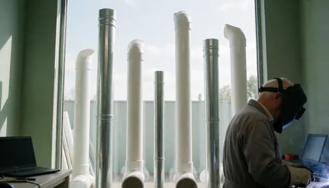 Un soudeur casqué manipule des tuyaux en PVC et en métal dans un atelier aux murs verts éclairé par la lumière naturelle.