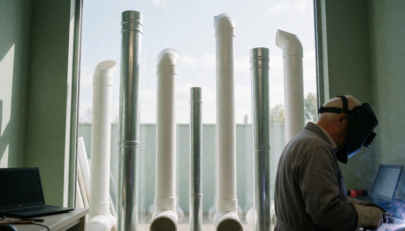 Un soudeur casqué manipule des tuyaux en PVC et en métal dans un atelier aux murs verts éclairé par la lumière naturelle.