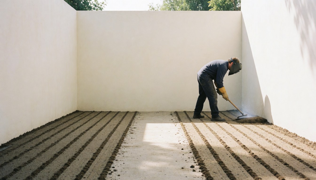 Un jardinier professionnel utilise un outil de nivellement sur un sol fraîchement semé dans un jardin, avec des murs blancs en arrière-plan et une lumière matinale.