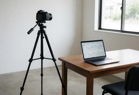 Étude d'entraînement avec caméra sur trépied et ordinateur portable affichant des graphiques de mouvement, mur blanc et sol en béton, idéal pour l'analyse technique.