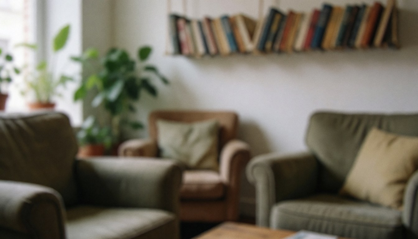 Arrière-plan de salon avec fauteuils rembourrés, étagère à livres suspendue et plantes vertes, idéal pour des textes liés à l'hébergement.