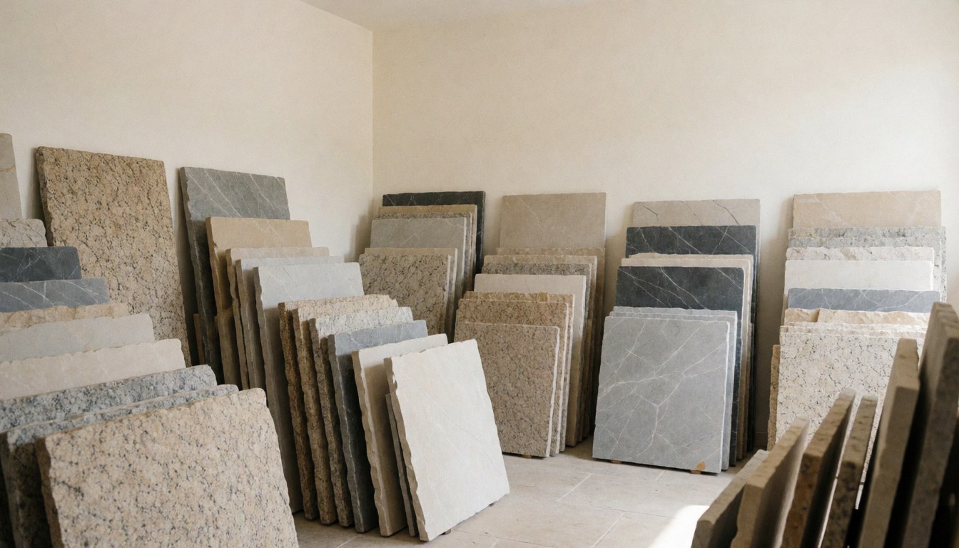 Piles de pierre naturelle aux tons beige et gris dans un magasin avec murs peints et sol carrelé éclairé par la lumière naturelle.