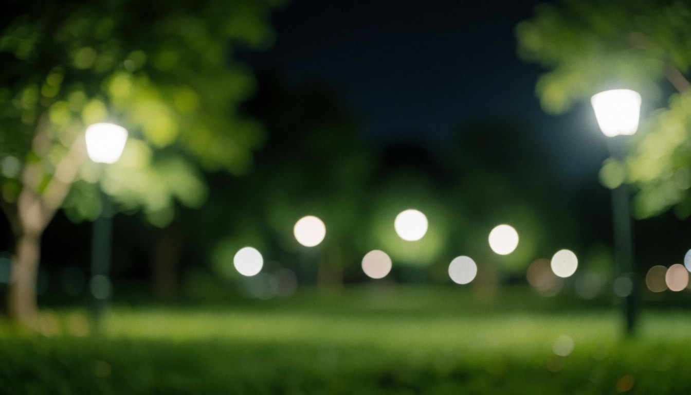 Fond de parc nocturne avec lumières de rue floues, feuilles vertes et ciel sombre, idéal pour textes de services de photographie artistique