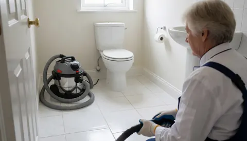 Plombier avec gants et outils travaillant dans une nouvelle salle de bain avec sol en carreaux blancs et sanitaires brillants.