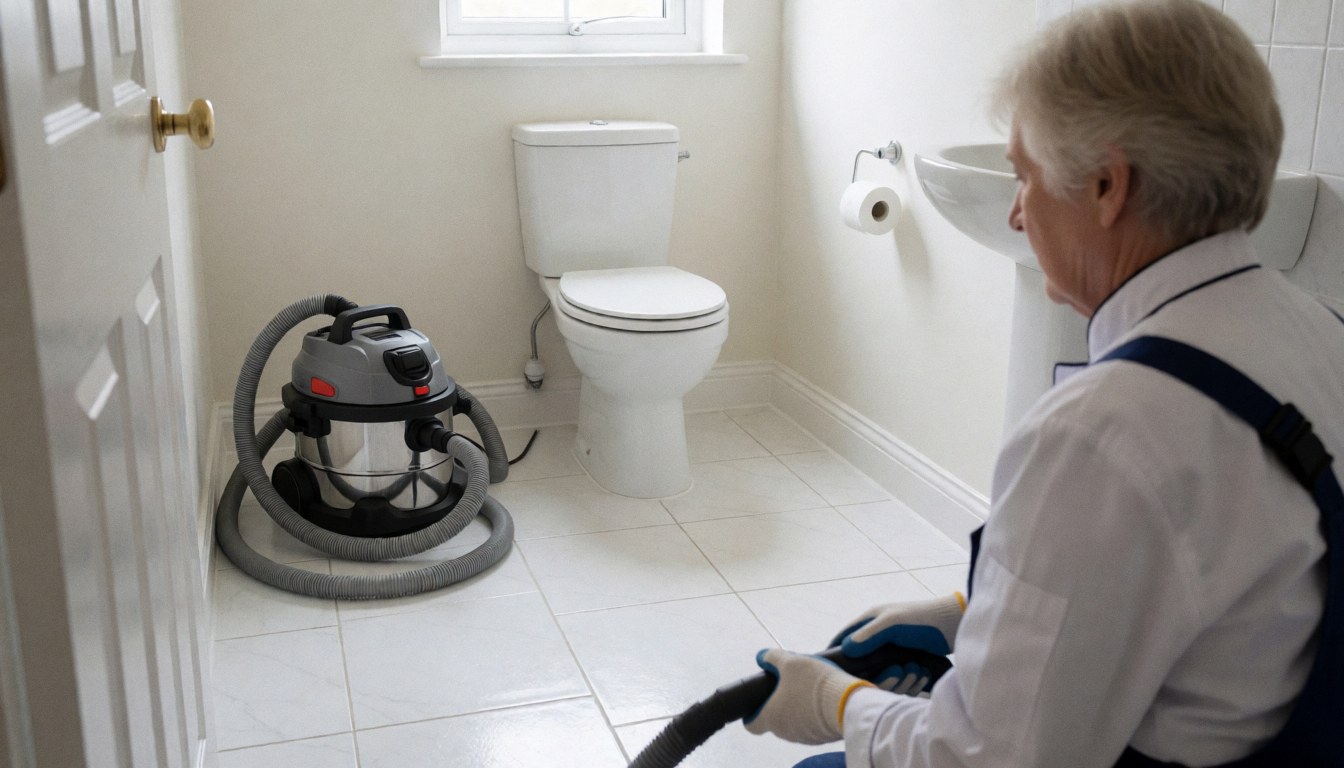 Plombier avec gants et outils travaillant dans une nouvelle salle de bain avec sol en carreaux blancs et sanitaires brillants.