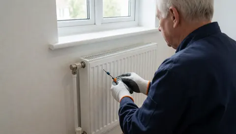 Un technicien ajuste un radiateur blanc neuf sous une fenêtre éclairée par la lumière naturelle, avec des tuyaux et des outils visibles.