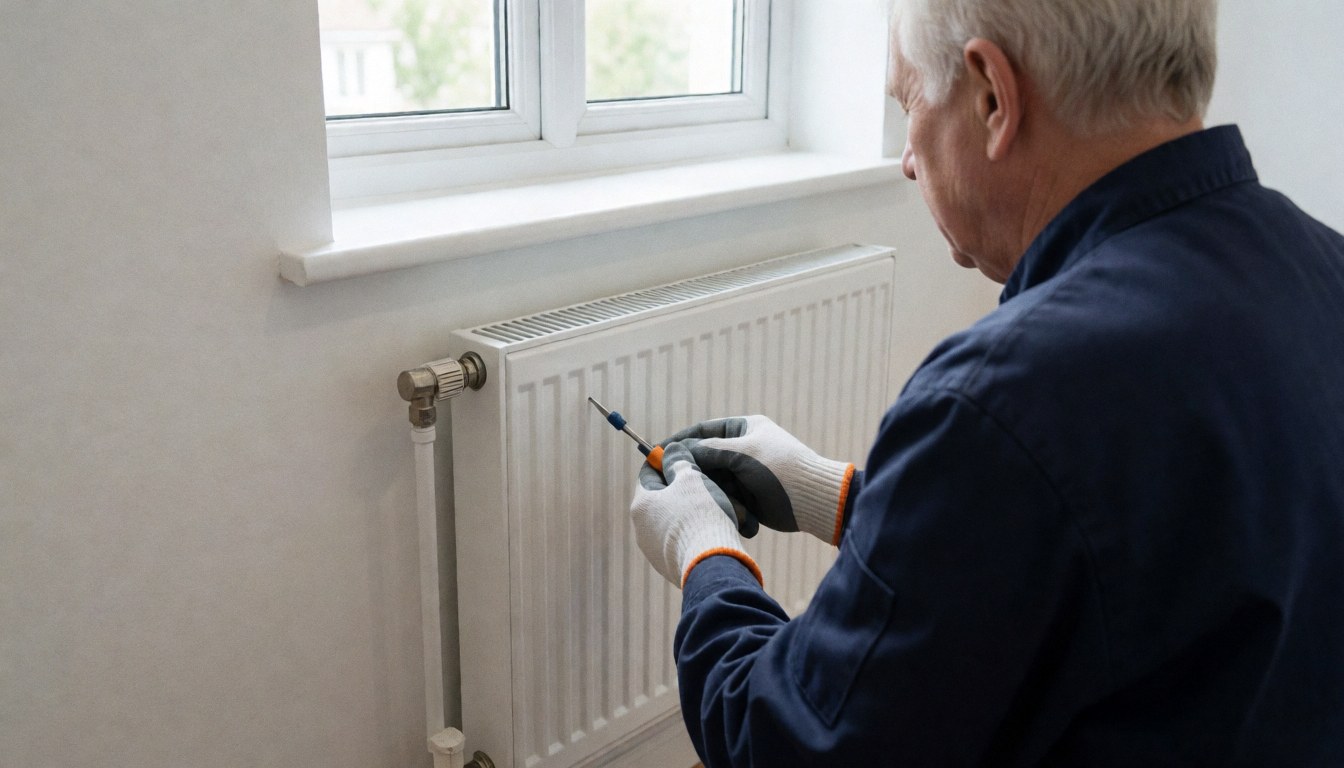 Un technicien ajuste un radiateur blanc neuf sous une fenêtre éclairée par la lumière naturelle, avec des tuyaux et des outils visibles.