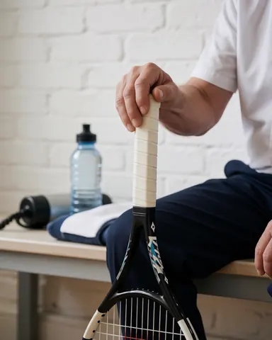 Une main tient une raquette de tennis avec une bande de grip, près d'une bouteille d'eau et d'une serviette sur une table dans un lieu d'entraînement.