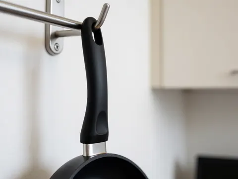 Poêle de cuisine noire suspendue à un support métallique dans une cuisine aux murs blancs et aux armoires floues en arrière-plan.