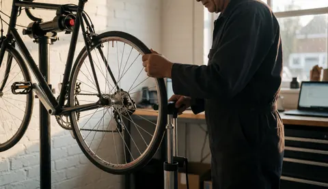 Mécanicien gonflant une roue de vélo avec une pompe dans un atelier avec un mur de briques blanches et une lumière chaude, service de réparation de vélos.
