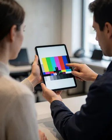 Un technicien montre un écran de calibration sur une tablette à un client dans un bureau, illustrant un service de réparation de dispositifs.