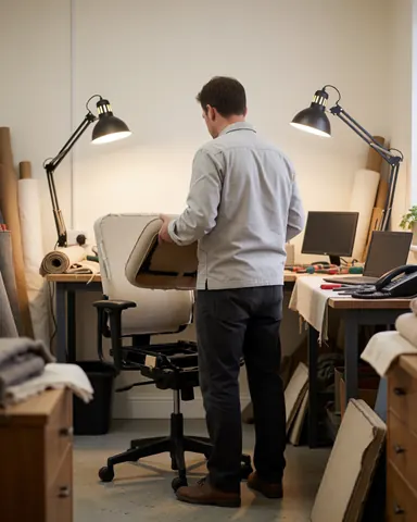 Un tapissier professionnel démonte une chaise de bureau dans son atelier, entouré d'outils et de rouleaux de tissu sous l'éclairage de lampes de bureau.