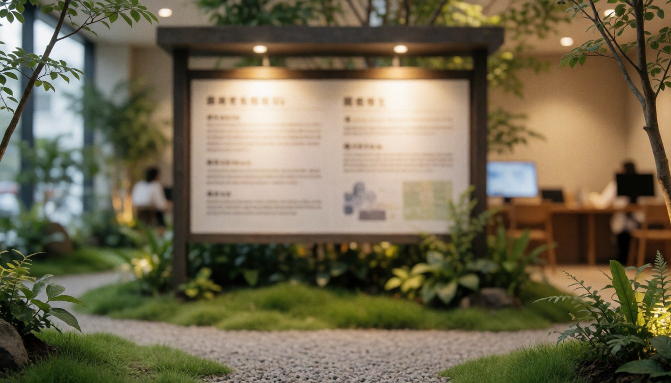 Kiosque informatif dans un jardin avec pelouse et gravier, éclairé chaleureusement, idéal pour parcs à thème ou espaces de réunion.