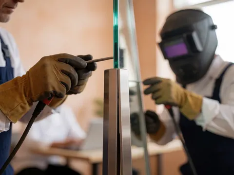 Deux travailleurs ajustent un cadre métallique avec des outils dans un atelier aux murs en plâtre terracotta, réalisant un détail de vitrerie.
