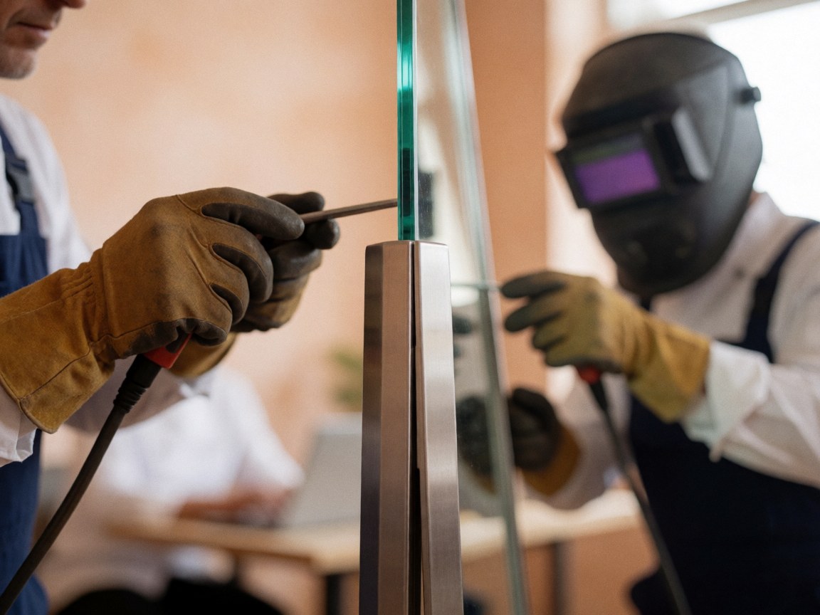 Deux travailleurs ajustent un cadre métallique avec des outils dans un atelier aux murs en plâtre terracotta, réalisant un détail de vitrerie.