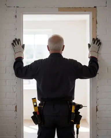 Installateur de portes ajustant le cadre avec un niveau et une perceuse, dos tourné, mur de briques blanches visible en arrière-plan.