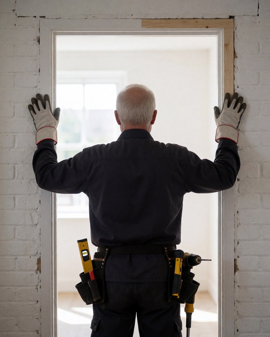 Installateur de portes ajustant le cadre avec un niveau et une perceuse, dos tourné, mur de briques blanches visible en arrière-plan.