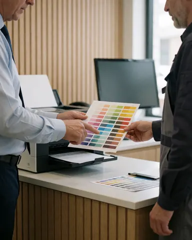 Un client et un technicien examinent ensemble un colorimètre connecté à une imprimante couleur dans un bureau aux murs en bois.