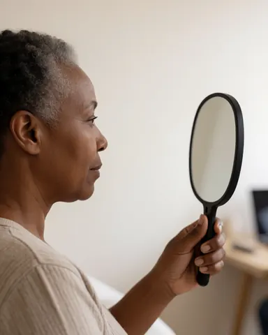 Une femme observe sa peau éclatante dans un miroir à main, dans un salon de beauté aux murs blancs et à la lumière naturelle.