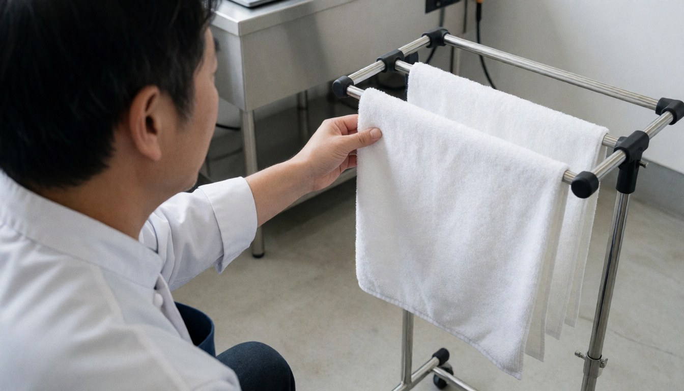 Un professionnel saisit une serviette blanche sur une étagère métallique dans une zone de séchage avec une station en acier inoxydable et un sol propre pour le lavage de véhicules.