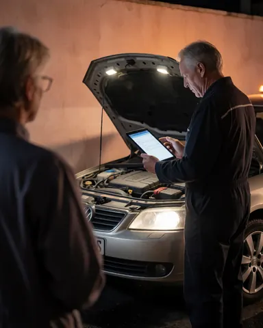 Un opérateur de remorquage examine une voiture la nuit à l'aide d'une tablette, avec le capot ouvert et les lumières de travail allumées.