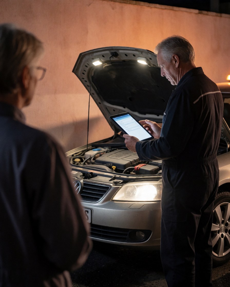 Un opérateur de remorquage examine une voiture la nuit à l'aide d'une tablette, avec le capot ouvert et les lumières de travail allumées.