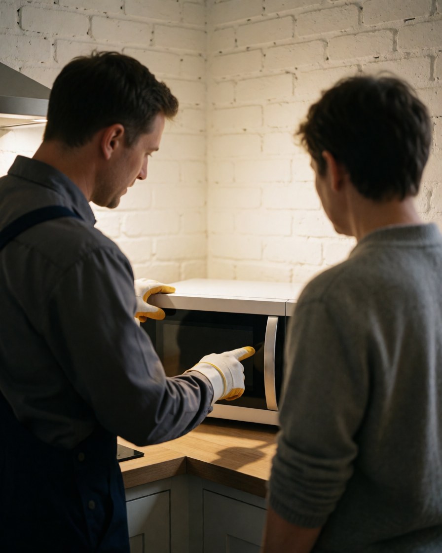 Technicien avec des gants expliquant la réparation d'un micro-ondes à un client dans une cuisine avec un mur de briques blanches