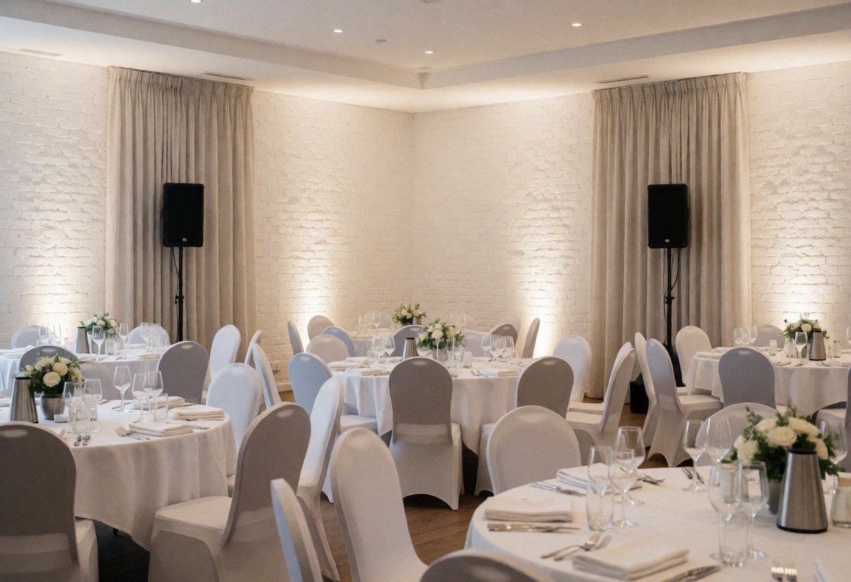 Salle de réception élégante avec tables rondes, chaises à housses et haut-parleurs professionnels dans un coin, murs en briques blanches et éclairage d'ambiance doux.