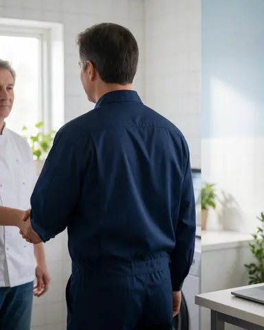 Technicien en uniforme bleu serrant la main d'un client dans une laverie moderne aux murs blancs et à la lumière naturelle.