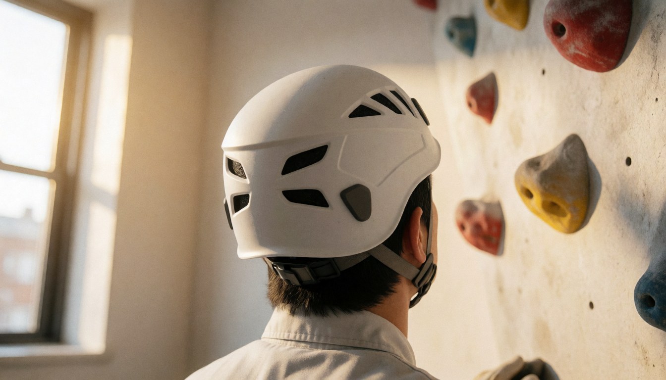 Personne de dos portant un casque blanc observant un mur d'escalade intérieur avec des prises colorées et une lumière naturelle entrant par une fenêtre.