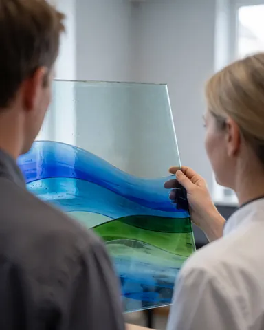Une cliente observe une œuvre de verre fusionné aux ondes bleues et vertes, tenue par l'artiste dans un atelier aux murs gris clair.