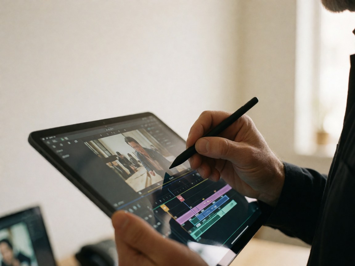 Vue rapprochée d'une main tenant un stylet au-dessus d'une tablette affichant une timeline de montage vidéo, sur un fond blanc avec une lumière chaude, évoquant le travail d'un vidéaste professionnel.