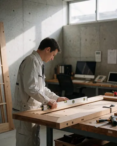 Un menuisier professionnel mesure un nouveau cadre de porte en bois avec un niveau métallique dans un atelier éclairé par la lumière du jour.